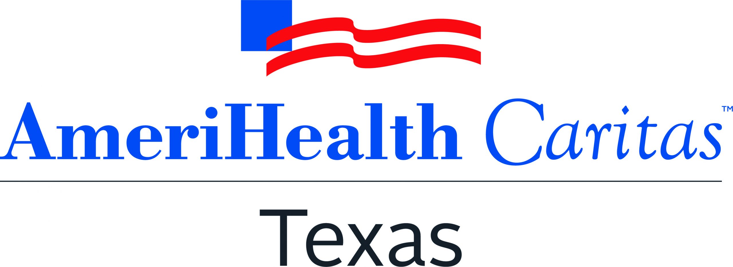 logo for AmeriHealth Caritas Texas, with AmeriHealth in bold blue, Caritas in stylized font with feel of italics above blue line with Texas in black letters below. A stylized US flag flies above the logo